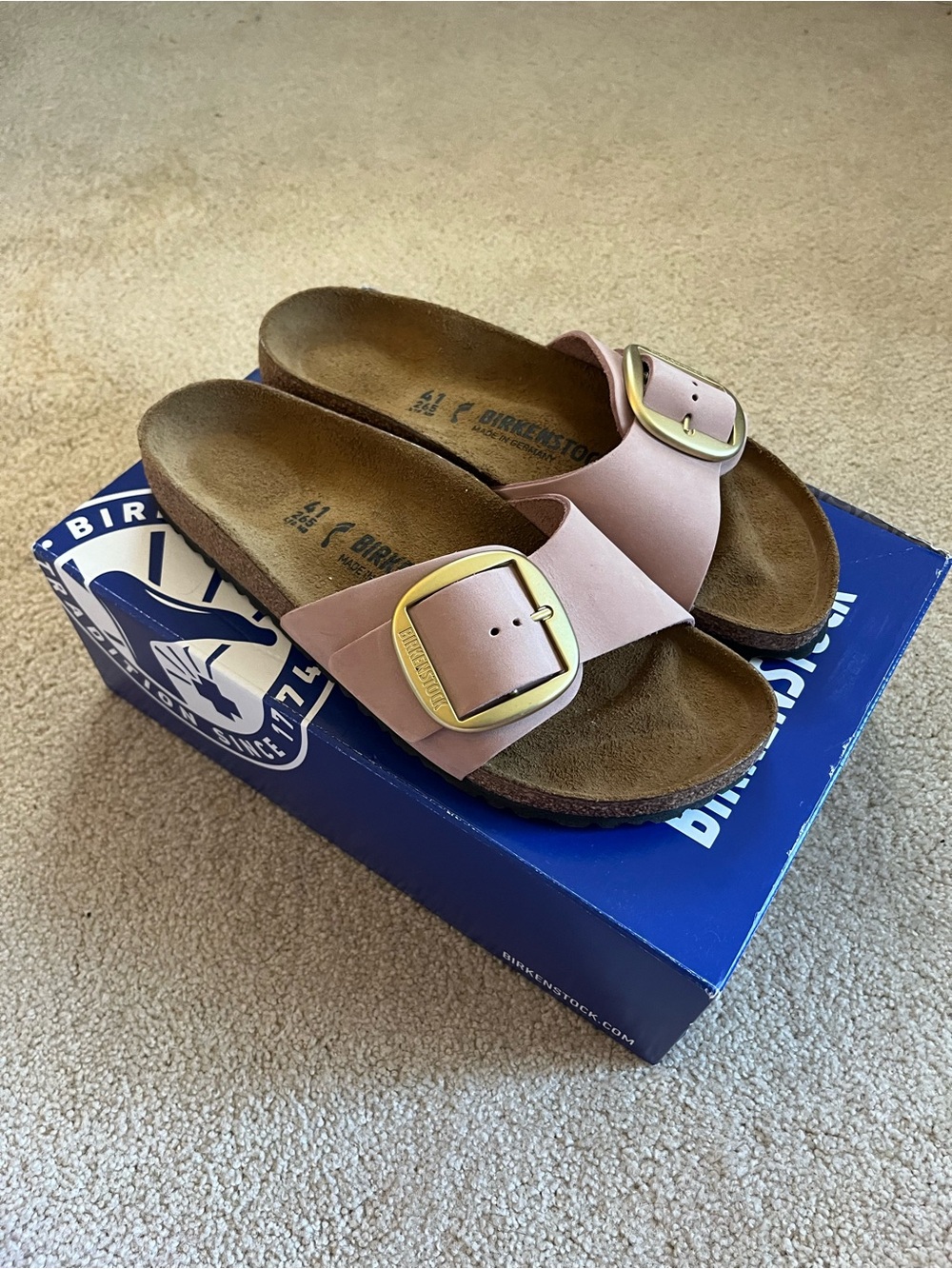 Birkenstock Madrid Sandals in Blush Pink with Gold Buckles